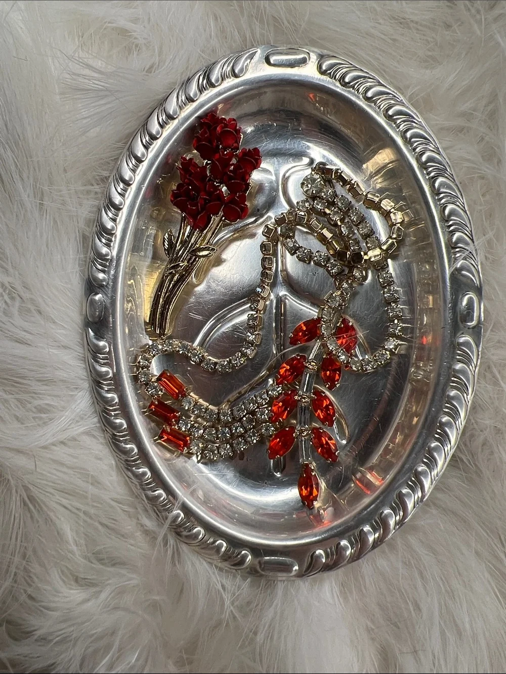 Vintage Antique Silver Plated Oval Decorative Tray with Leaf Motif Jewelry Tray